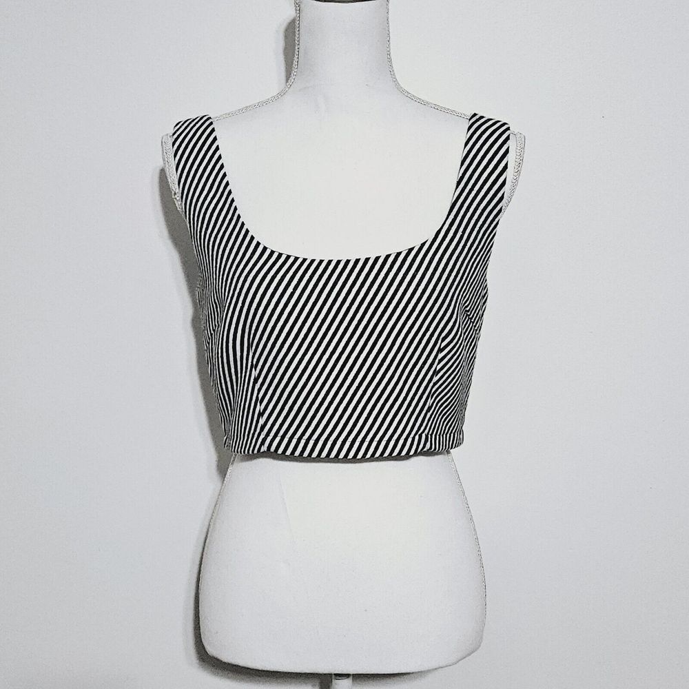 FRNCH Crop Top Size M Black White Striped Metallic Halter Zip Sleeveless NEW